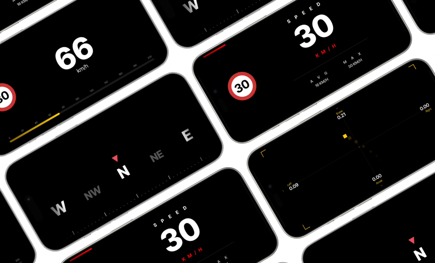 Advanced layouts showing Modern, Compass, Telemetry and G-Force HUD views
